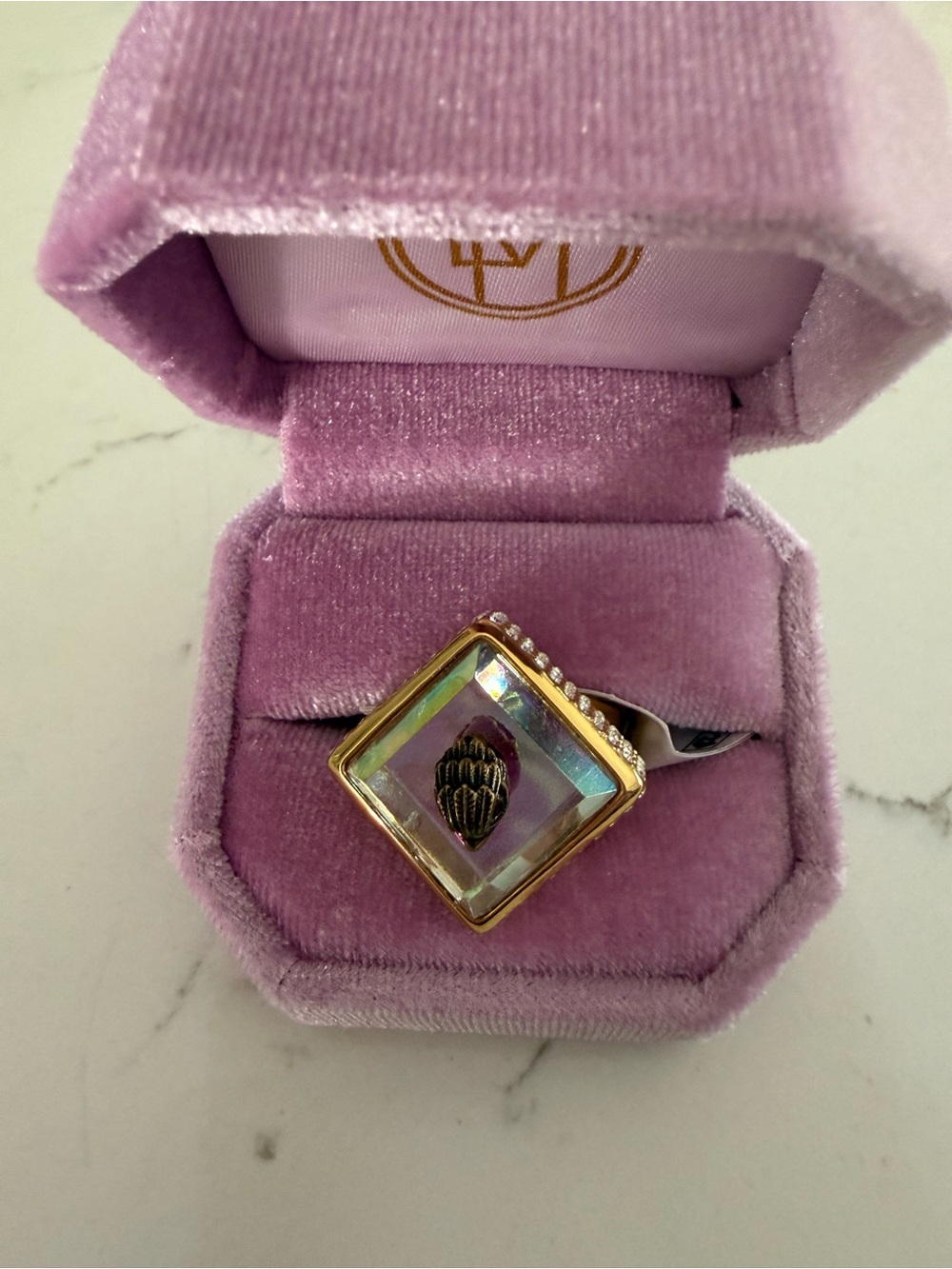 Kurt Geiger Gold-Tone Iridescent Square Ring with Shell Accent